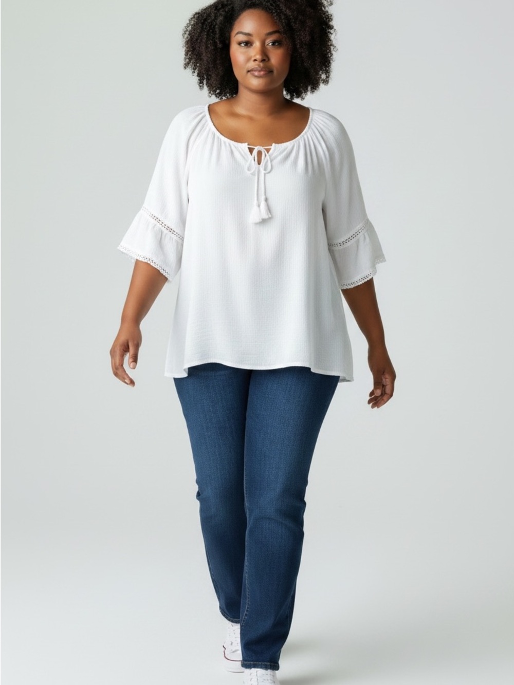 Women's Bright White Peasant Blouse with Tassel Tie